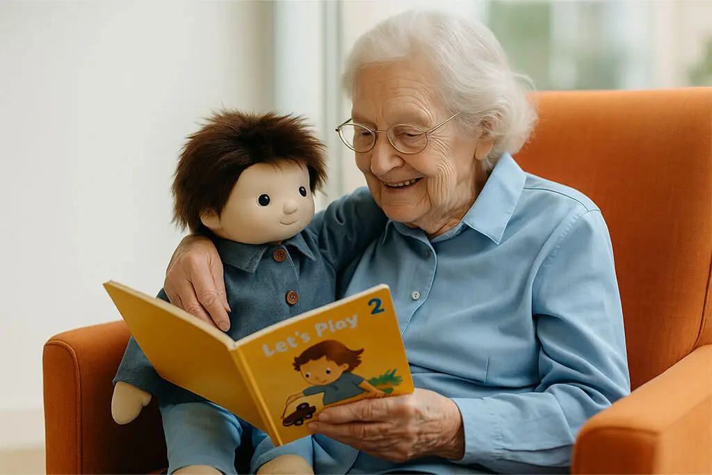 Elderly lady in care holding a therpay doll and reading to it