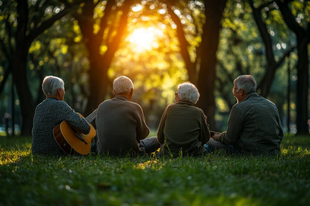 senior group playing guitar outside in nature