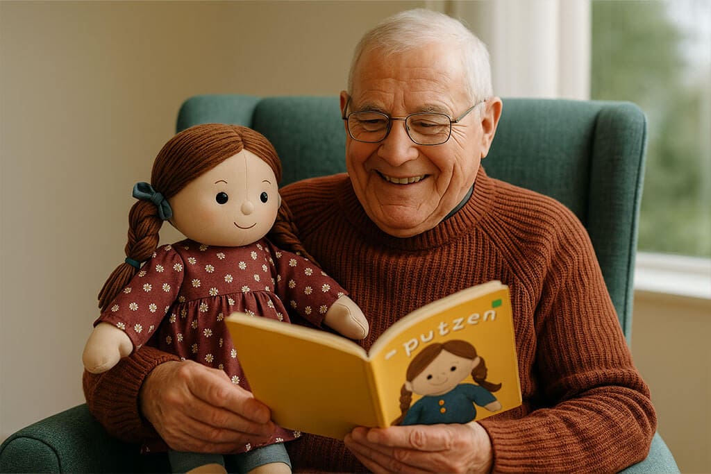 Elderly man in care home reading to a Therapy Doll